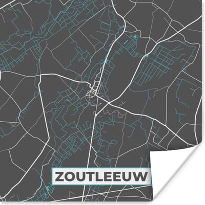 Poster Plattegrond – Zoutleeuw – Blauw – Stadskaart - Kaart - 100x100 cm XXL