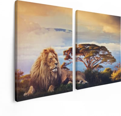 Artaza Canvas Schilderij Tweeluik Leeuw Tijdens Zonsondergang - 120x80 - Foto Op Canvas - Canvas Print