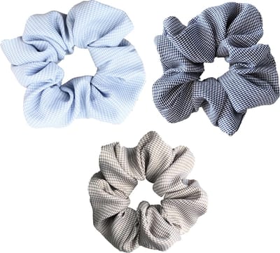 Kraagjeskopen.nl® Scrunchie 3 stuks Geruit Extra Vol en Luxe - Haarelastiek Haarwokkel - Lichtblauw - Donkerblauw - Beige Scrunchies