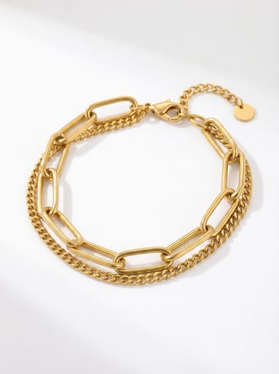 Lundholm Luxe Armband Dames Goud kleurig Schakel - Premium Stainless Steel Jewellery - Bedel Armband - My Nicola Serie - Dubbele Armband Vrouwen Cadeautjes tip Verjaardag Cadeautje Kado - Scandinavisch Design