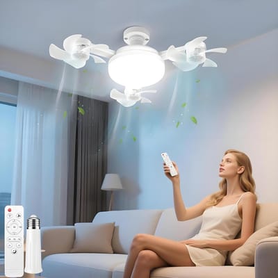 LED plafondlamp met ventilator, lamp met kleine ventilator, plafondventilator met verlichting, E27 plafondlamp met ventilator, voor woonkamer en slaapkamer, stil, timerfunctie, 3 snelheden