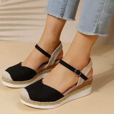 Sandalen met gekleurde sleehak voor dames, elegant met ronde neus en dikke zool, zomersandalen 39 zwart