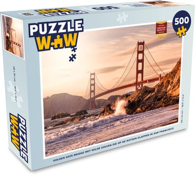 Puzzel Golden Gate Bridge met wilde golven die op de rotsen klappen in San Francisco - Legpuzzel - Puzzel 500 stukjes