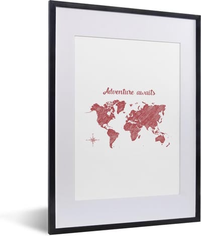 Poster in lijst - Fotolijst 30x40 cm - Posters - Wereldkaart - Adventure - Kompas - Posterlijst zwart - Decoratie - Wanddecoratie woonkamer - Muurdecoratie slaapkamer
