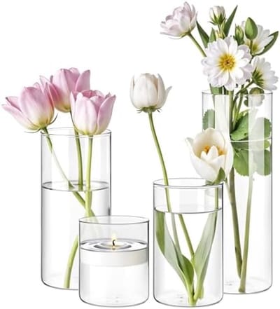 PromoHome Set van 4 Transparante Glazen Bloemenvazen voor Tafeldecoratie - Cilindervazen voor Bruiloften, Feesten en Huisdecoratie - Multifunctionele Glasvazen in Verschillende Maten