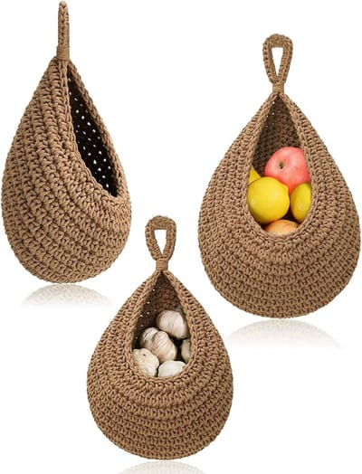 Famanu – Hangende wandmanden set 3 – gevlochten jute hangmanden voor fruit (bruin)