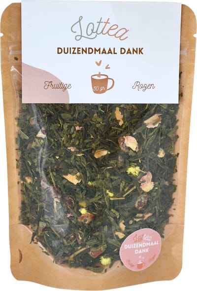 Lottea Duizendmaal Dank thee 50 gram Stazak - verse thee, groene thee, thee cadeau, thee geschenk, thee cadeautje, bedankt cadeau