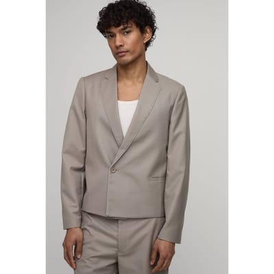 Contrast Piping Trim Cropped Boxy Blazer | Taupe | Size 44