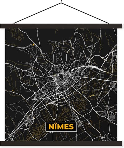 Posterhanger incl. Poster 60x60 cm - Schoolplaat - Frankrijk – Nîmes – Stadskaart – Plattegrond – Kaart - Textielposter - Zwarte latten - Stadskaart