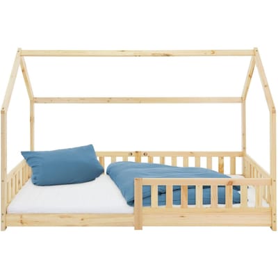 Kinderbed Huisbed 90x200 cm van grenenhout incl. matras H-10cm uitvalbeschermend dak en lattenbodem ML design
