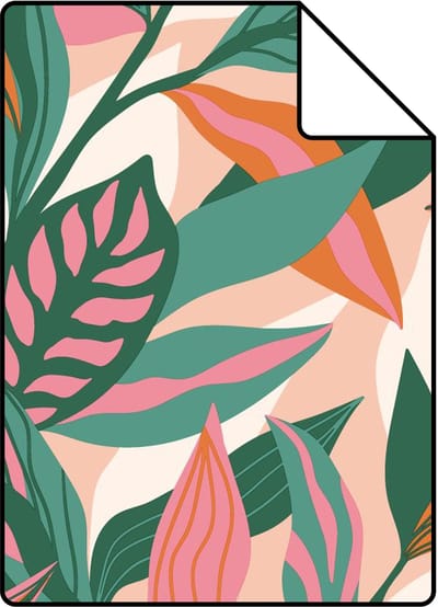 Proefstaal ESTAhome behang tropische bladeren turquoise, roze en oranje - 26.5 x 21 cm - 131044-S