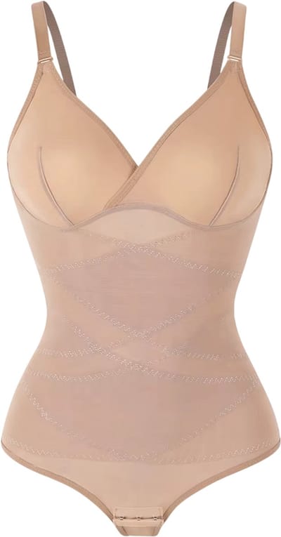 Dames corrigerende bodysuit buikcontrole shapewear – Full Body Shaper met V-hals, ademend mesh ondergoed & butt lifter - Beige - Maat S