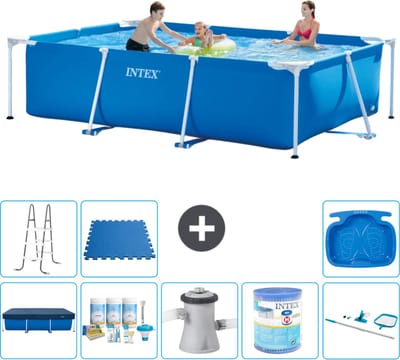 Intex Rechthoekig Frame Zwembad - 300 x 200 x 75 cm - Blauw - Inclusief Afdekzeil - Onderhoudspakket - Zwembadfilterpomp - Filter - Schoonmaakset - Ladder - Voetenbad - Vloertegels - 9-delig