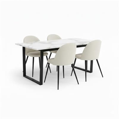 Tilst eethoek eettafel wit marmer print en 4 stoelen fluweel beige.