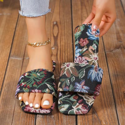 Pantoufles de Mode à Imprimé Floral Coloré pour Femmes Sandales d'Été à Enfiler à Semelle Souple Extérieur Grande Taille 43 noir