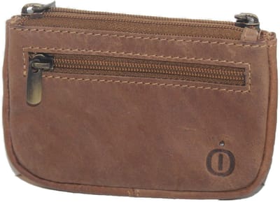 OI Hunter bruin leren dubbel sleutelbeursje / sleuteletui met dubbele ring / soepel ritsportemonneetje met kettinkje voor sleutels / buideltje voor 2 sleutelbossen / bruin leer / 193H