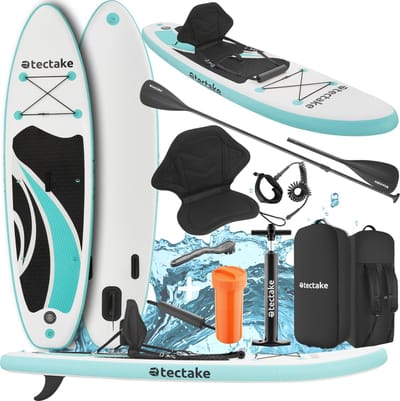tectake® Stand-Up Paddle Board - 2-in-1 SUP Plank - Opblaasbaar - Stabiel - 288 x 77 x 22,5 cm - Ook als Kajak - Max 200kg - Aqua - Complete SUP set met Zitje