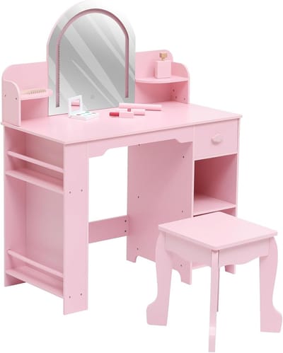 Kinder Kaptafel met LED-verlichte spiegel, make-up tafel voor meisjes met krukje, 3 verlichtingsstanden, wolkvormige lade en planken, roze