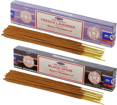 Satya Wierook cadeaus set - 2x geurstokjes - Lavendel en Zwarte Opium geur - Meditatie