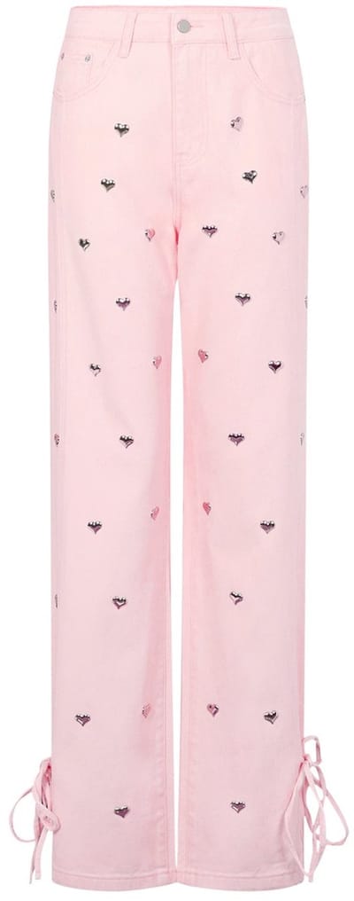 Comfortabele Dames Denim 'Sweetheart' Jeans met Strass-Hartjes - Roze - Maat M
