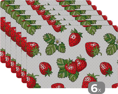 Placemat - Placemats kunststof - Aardbeien - Fruit - Patronen - 45x30 cm - 6 stuks - Hittebestendig - Anti-Slip - Onderlegger - Afneembaar