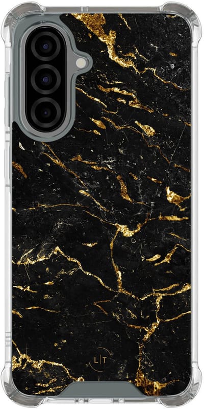 Shockproof hoesje - Geschikt voor Samsung Galaxy A56 - Marmer zwart goud - Extra sterke case - TPU/polycarbonaat - Marmer - Zwart, Goud, Transparant