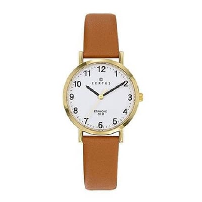 Certus-dameshorloge-model 646528-goudkleurig-duidelijke wijzerplaat-5 atm waterdicht-lichtbruin leder-diameter 30 mm-gemaakt in Frankrijk