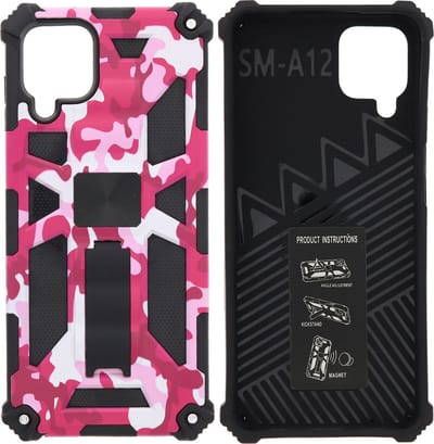 Hoesje Geschikt Voor Samsung Galaxy A12 (5G) Hoesje - Rugged Extreme Backcover Camouflage met Kickstand - Pink