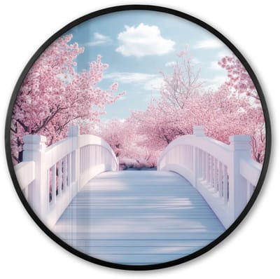 Poster in lijst Rond - Fotolijst 60x60 cm - Posters - Brug - Kersenbomen - Wit - Ronde posterlijst zwart - Decoratie - Wanddecoratie woonkamer - Muurdecoratie slaapkamer