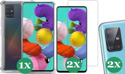 Hoesje geschikt voor Samsung Galaxy A51 - 2x Screenprotector Glas & 2x Camera Screen Protector - Transparant Shock Case