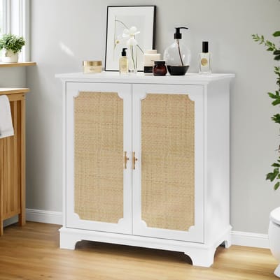 HAUSS SPOLE Dressoir Met Rattan Deuren - Opbergkast Met Verstelbare Plank - Voor Keuken Hal En Woonkamer - MDF En Spaanplaat - 80x38x86 Cm - Wit