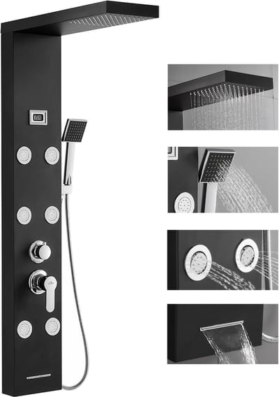Auralum MAX Douchepaneel Zwart - Regendouche - Digitaal Display - Met 4 Waterfuncties - Douche Combinatie Set - Waterbesparend