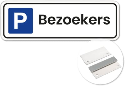 Parkeerbord Bezoekers - met kader - Weerbestendig Aluminium - 40x15 cm - Bevestiging: Met muur-/ wandmontage beugels