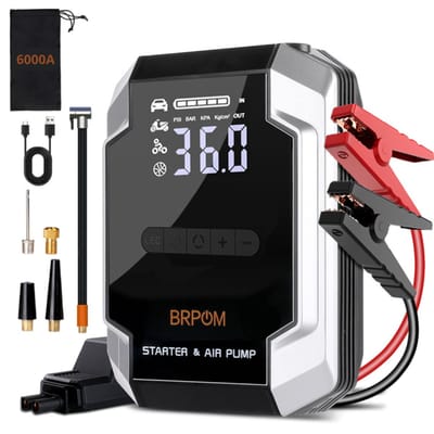 BRPOM Jumpstarter 12V 6000A – Accu Booster met Compressor 10 BAR – Startbooster voor Auto, SUV, Camper & Motor – Powerbank 26800 mAh – LED SOS Noodverlichting