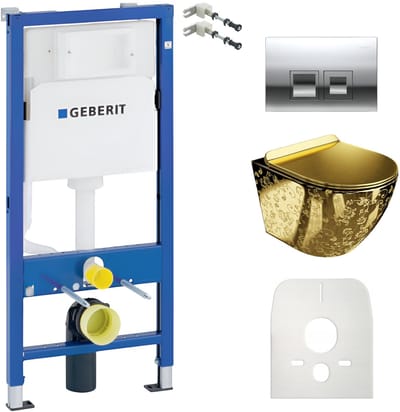 GEBERIT BASIC SOFI - Inbouwreservoir WC - Vierkante chromen drukplaat - Goudkleurig Rimless wandcloset - Luxe Set