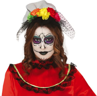 Halloween thema diadeem met bloemen en sluier - one size - zwart/kleuren - meisjes/dames