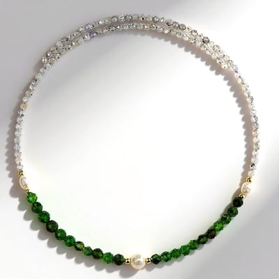 Cavill - Stalen Halsband met Witte Zoetwater Kweekparel 8 mm - 925 Staal - Russische Diopside 20,435 ct - Luxe Elegante Parelketting Dames