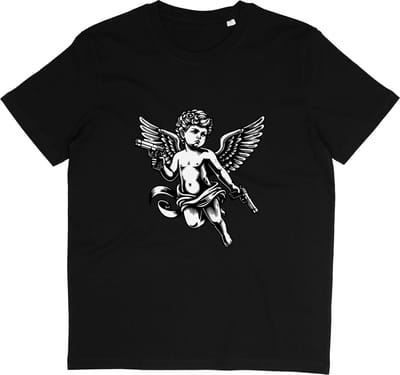 Satirisch T Shirt - Cupido met Pistolen - Grappig Cadeau voor Heren en Dames - Zwart - S
