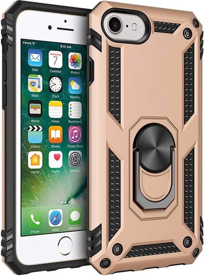 HB Hoesje Geschikt voor Apple iPhone SE (2022 / 2020) - HB Hoesje Geschikt voor Apple iPhone 6(s)/7/8 - Anti-Shock Hybrid Armor Back Cover - Hoes met Kickstand Ring - Goud
