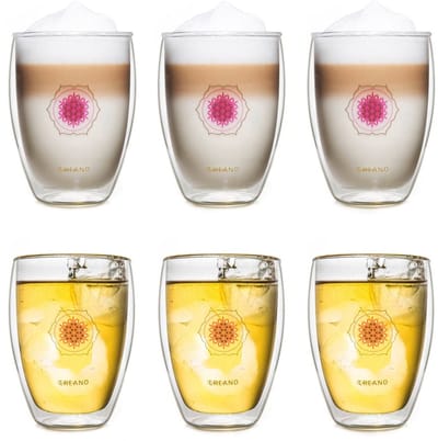 Creano dubbelwandig theeglas, latte macchiato, thermobeker Bloem des Levens | 250ml, in exclusieve geschenkdoos set van 6