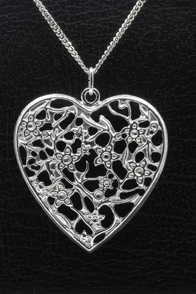 Zilveren Bloemenhart ketting hanger - groot