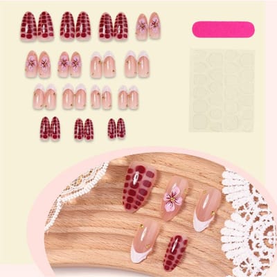30 stuks Amandelvormige 3D Nepnagels, Bloemen Nail Art Design Press-On Nagels, Stalen Bal Decor Acryl Nagel Kit, Franse Manicure Voor Vrouwen Nagelbenodigdheden