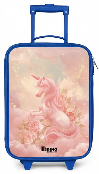 NoBoringSuitcases.com® - Kinderkoffer blauw - Kindertrolley jongen - Eenhoorn - Wolken - Roze - Koffer kind lichtgewicht - Reiskoffer trolley voor kinderen - Koffertje met lichtgevende wieltjes - Rolkoffer