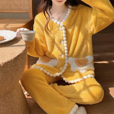 Pyjama Velours Corail Style Français pour Femmes Automne Hiver Cardigan Manches Longues Flanelle Deux Pièces Pyjama Ensemble XXL