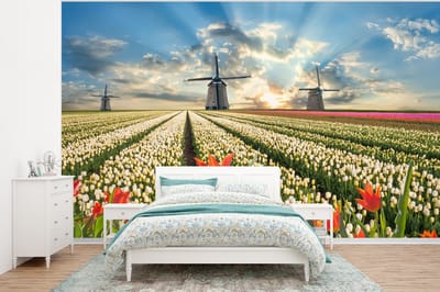 Behang - Fotobehang Windmolen - Tulpen - Lucht - Natuur - Breedte 375 cm x hoogte 280 cm