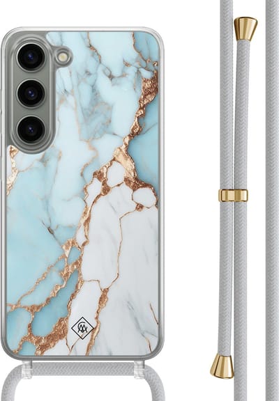 Casimoda® hoesje met grijs koord - Geschikt voor Samsung S23 - Marmer Lichtblauw - Afneembaar koord - TPU/polycarbonaat - Blauw