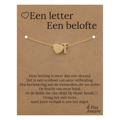 Letter T Armband op Cadeau Kaartje - Een letter, een belofte - 15,5cm + 5,5cm verstelbaar Goudkleurig Stainless Steel - Initiaal & Hartje Hanger - Pax Amare