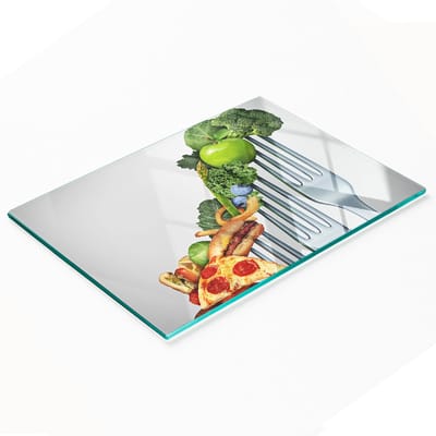 Glazen serveerplank met afbeeldingen van gezonde voeding, 80x52 cm
