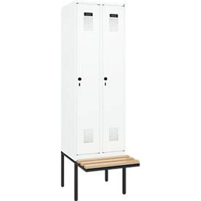C+P Evolo Plus garderobekast, 2 vakken van elk 300 mm breed, zwevende bank, B 600 x D 815 x H 2120 mm, draaibare grendel, verkeerswit/verkeerswit