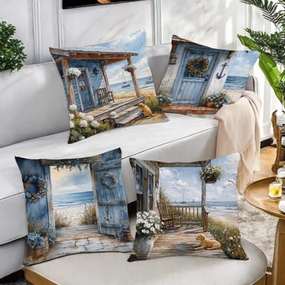 4 stuks Oceaan Thema Polyester KussensloopGeschikt voor bank auto slaapkamer decoratieve kussenhoes kussenhoes 35x35cm